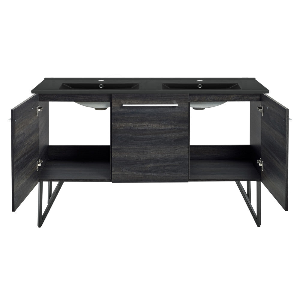 Annecy 60 in. Black Walnut, Double Basin Bathroom Vanity With Black Artificial Stone Sink Top