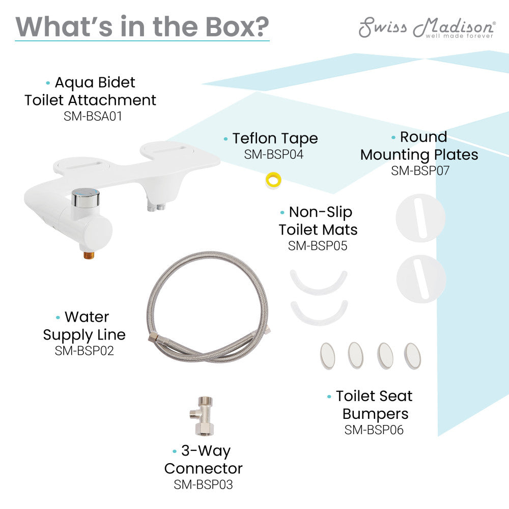 Aqua non-electric bidet toilet attachment in white plastic with water supply line and mounting plates.
