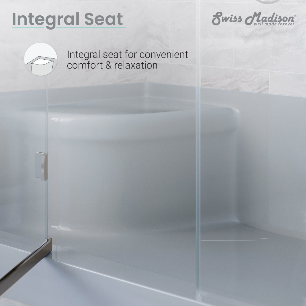 60" x 32" gray single threshold shower base with left hand drain and integral right hand seat.