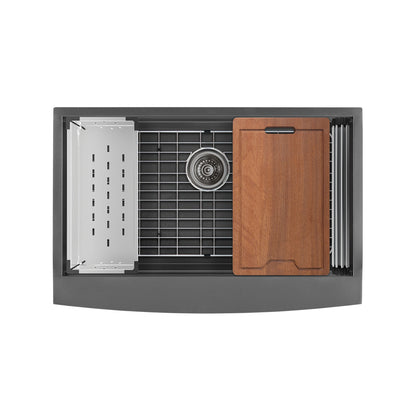 33 x 22 black stainless steel farmhouse kitchen workstation sink with single basin and apron front.