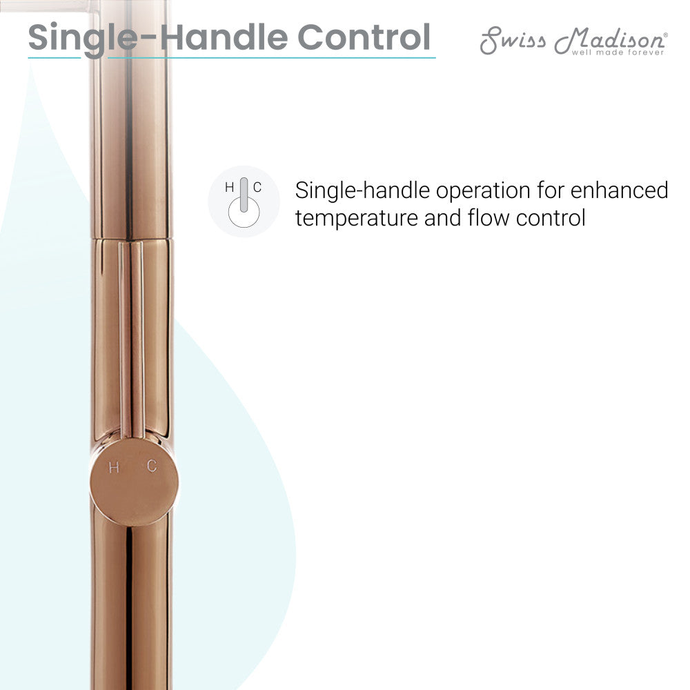 Single-handle pull-down kitchen faucet in rose gold with smooth cylindrical design and temperature control knob.