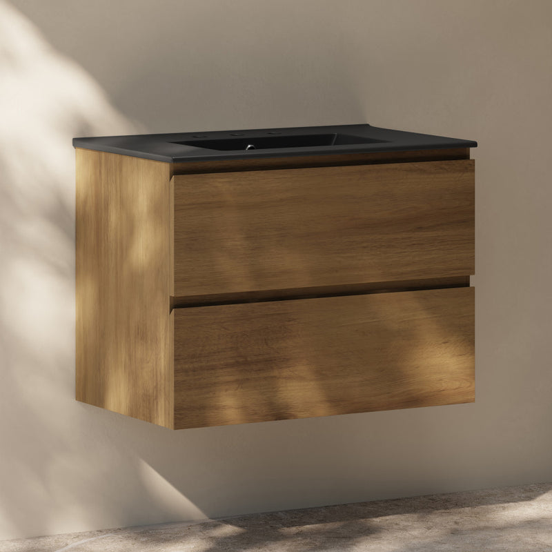 Liberte 30" Wall-Mounted Bathroom Vanity in Brown Oak with Black 3-Hole Widespread Sink Top