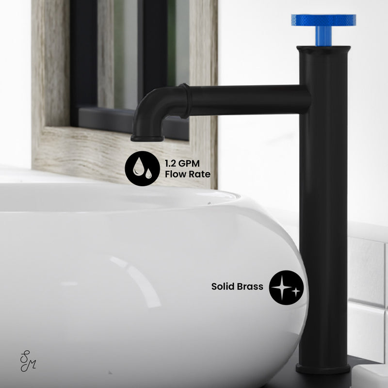 Avallon Single Hole, Single-Handle Wheel, High Arc Bathroom Faucet in Matte Black with Blue Handles