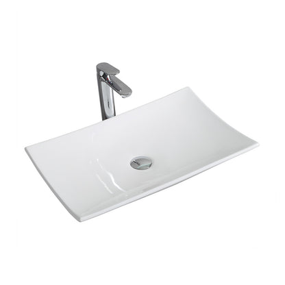 23.5-inch white rectangular vessel bathroom sink with smooth curved edges and center drain hole.