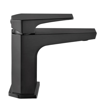 Single-handle bathroom faucet in matte black with angular modern design and square base.