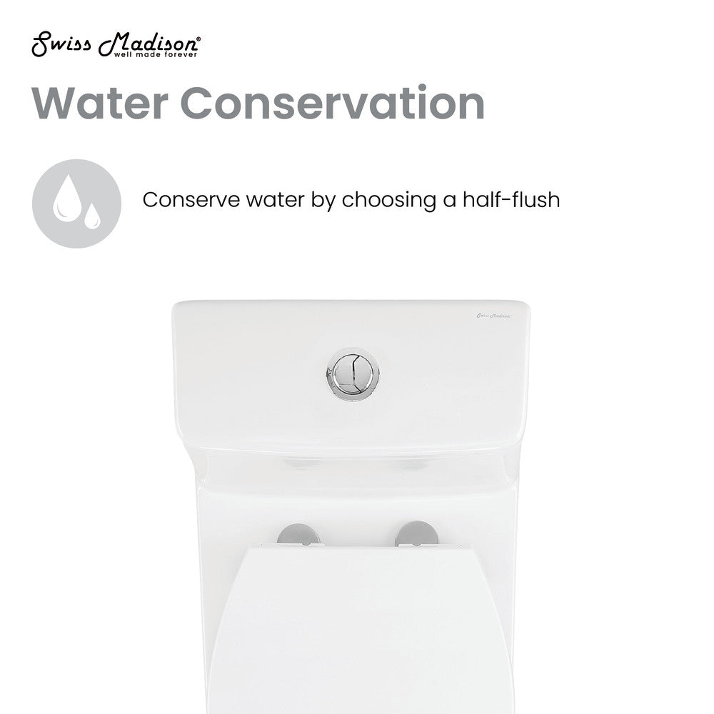 Elongated one-piece toilet in white, dual flush button on top of tank.