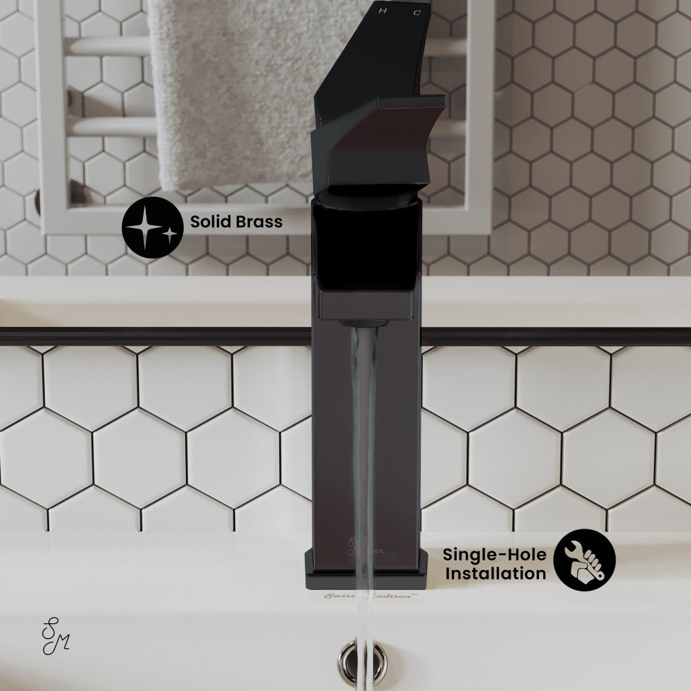 Single-handle bathroom faucet in matte black, single-hole installation, solid brass construction.