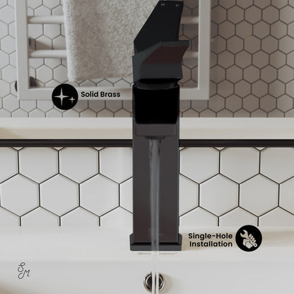 Single-handle bathroom faucet in matte black, single-hole installation, solid brass construction.