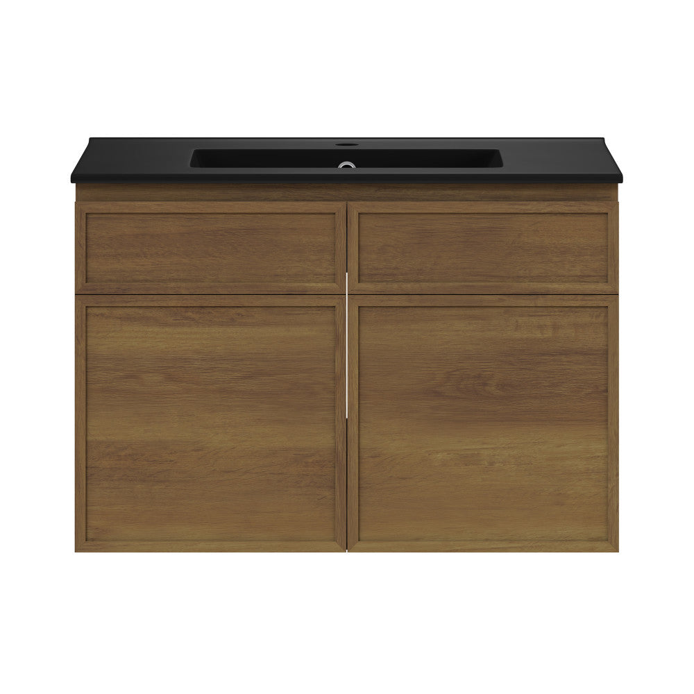 St. Tropez 30" Wall-Mounted Bathroom Vanity in Brown Oak with Black Sink Top