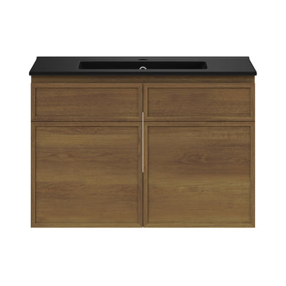 St. Tropez 30" Wall-Mounted Bathroom Vanity in Brown Oak with Black Sink Top