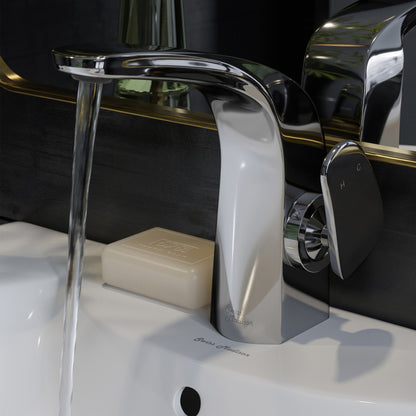 Single-handle bathroom faucet in chrome with sleek curved spout and lever handle.