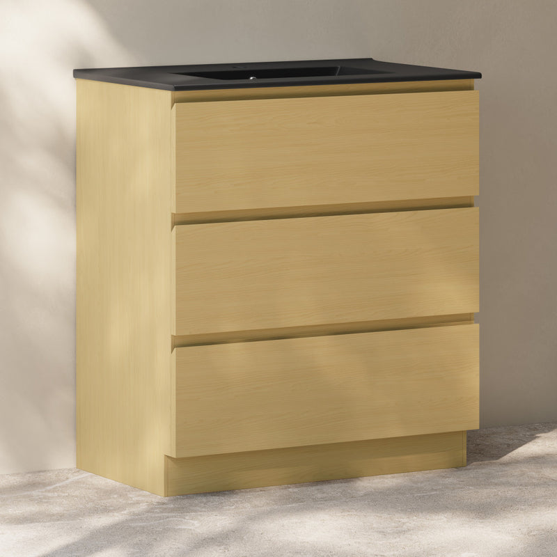 Liberte 30" Freestanding Bathroom Vanity in Natural Oak with Black Sink Top