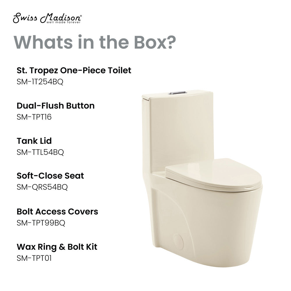 Elongated one-piece bisque toilet with dual vortex flush and soft-close lid.