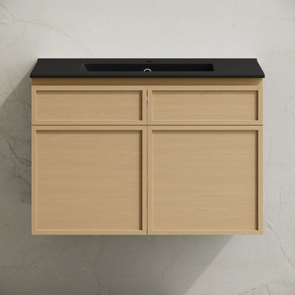 St. Tropez 30" Wall-Mounted Bathroom Vanity in Natural Oak with Black Sink Top