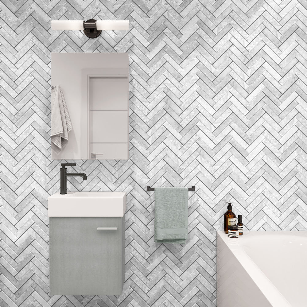 18-inch wall-mount bathroom vanity in brushed gray with one cabinet and single sink.