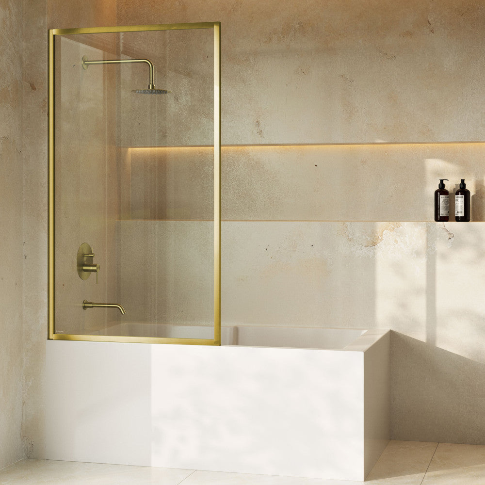Pierre 34 x 58 Framed Fixed 3/8 in. (10mm) Clear Tempered Glass Tub Door with Brushed Gold Frame