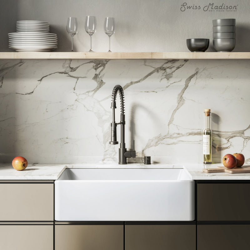 Elegance 30" x 20" Single Basin Fireclay Farmhouse Kitchen Sink in Glossy White with Stainless Steel Grid