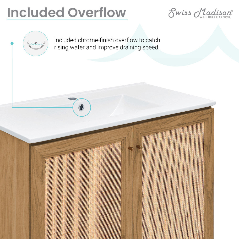 36-inch freestanding bathroom vanity in golden oak with single sink and included overflow on white top.