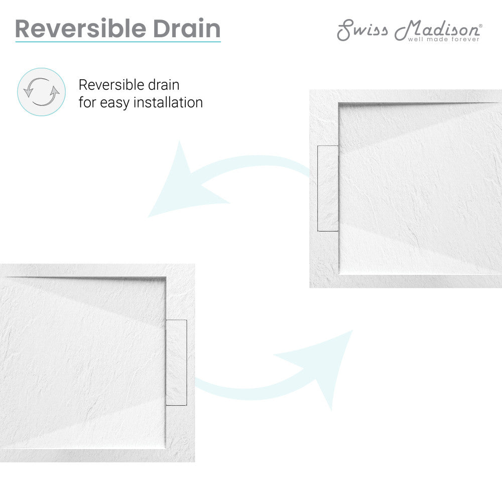 36"x36" rectangular shower base with reversible drain, textured white surface.