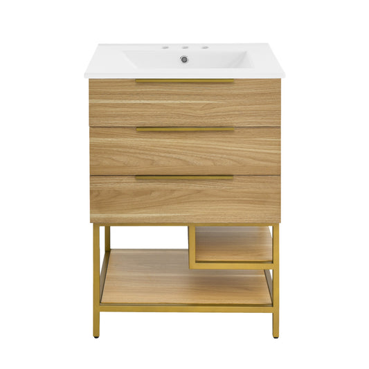 Carre 24 in. Golden Oak Bathroom Vanity with White, 3-Hole Ceramic Sink Top