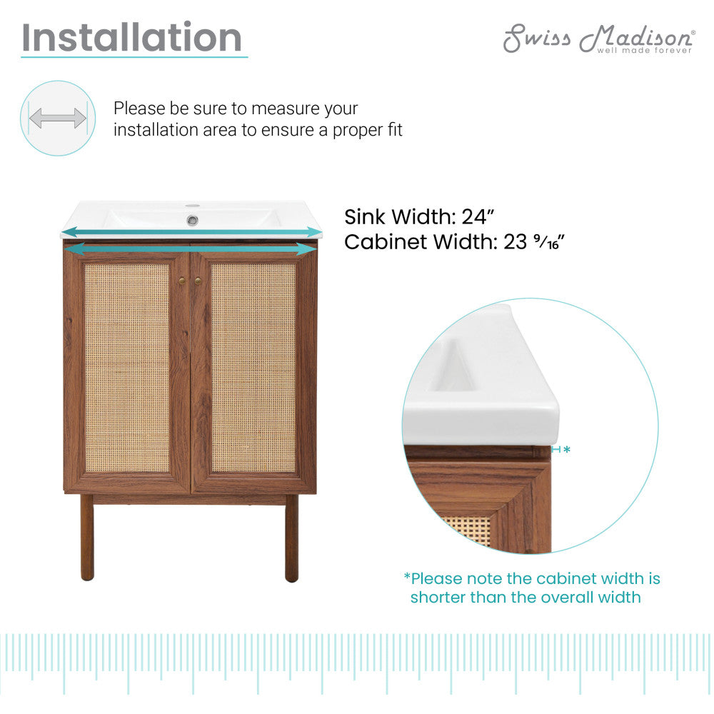 24-inch freestanding brown oak bathroom vanity with single integrated white sink top and wooden legs.