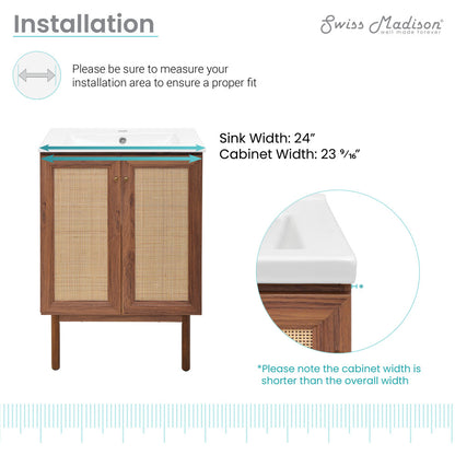 24-inch freestanding brown oak bathroom vanity with single integrated white sink top and wooden legs.