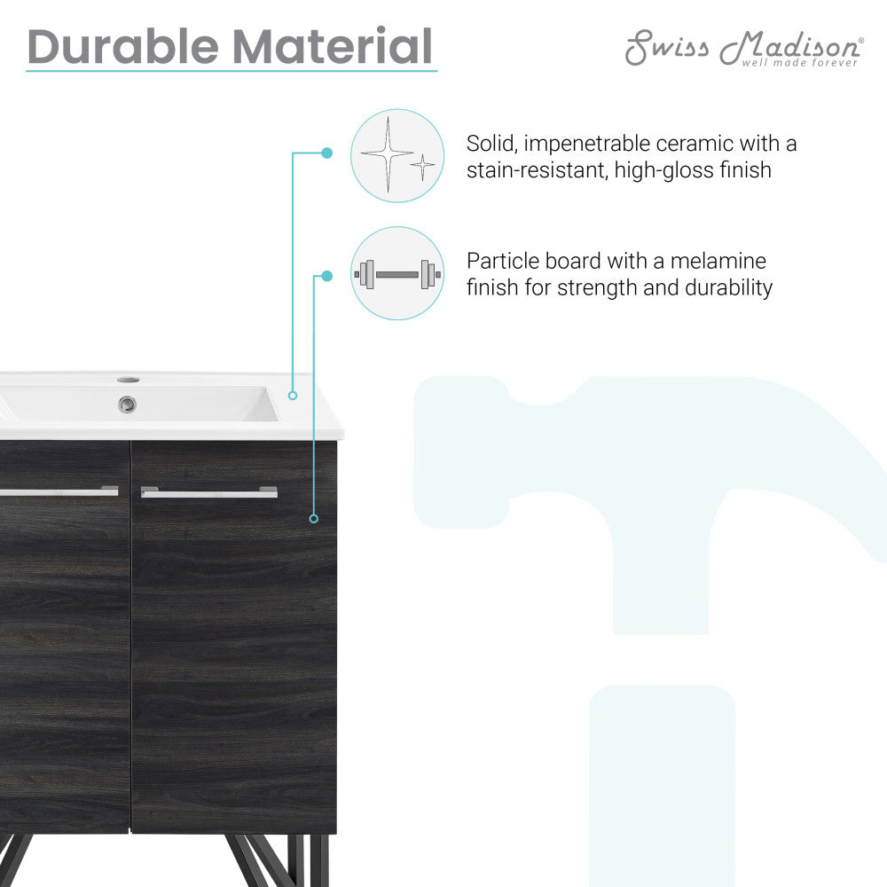 24-inch freestanding bathroom vanity in black walnut with single sink and high-gloss ceramic top.