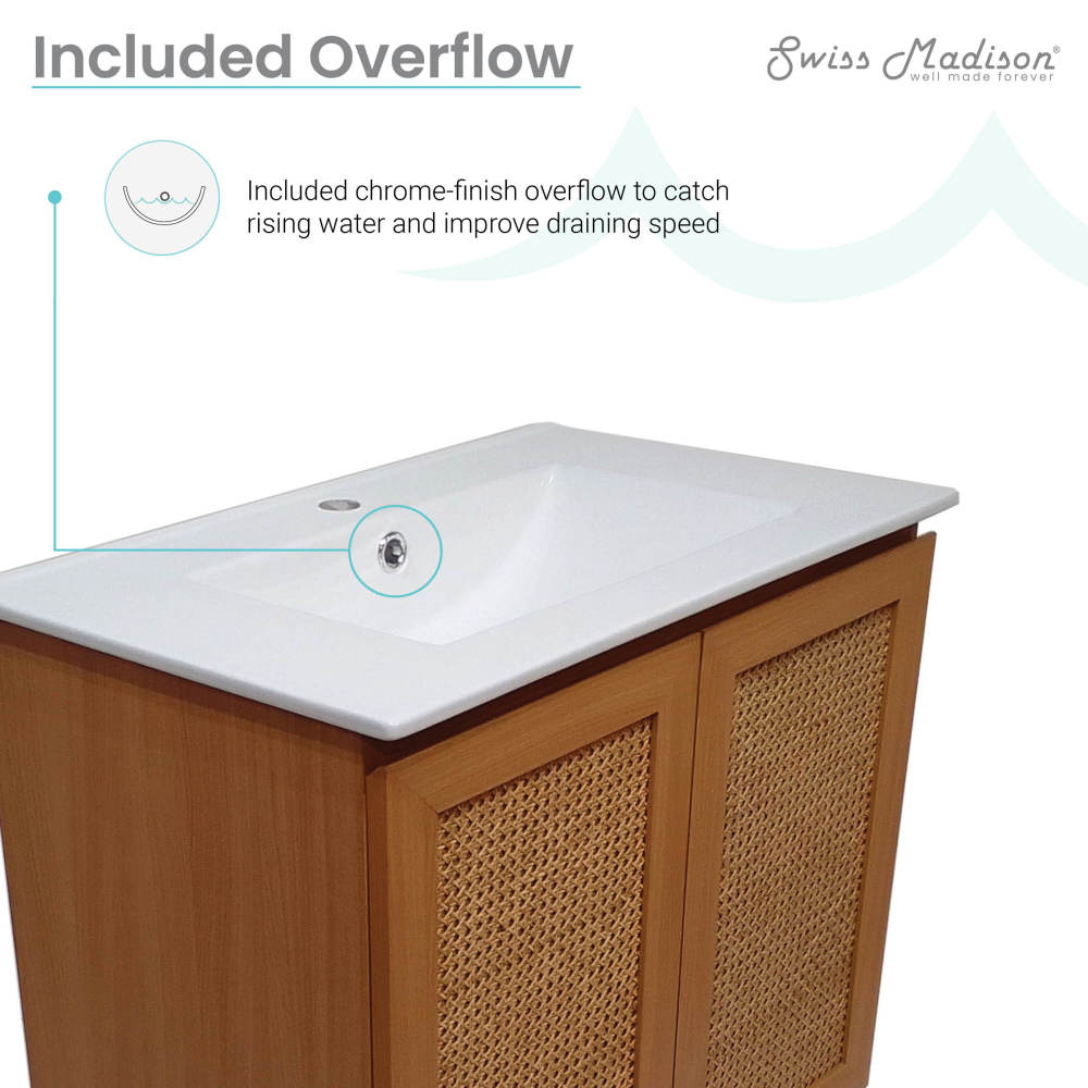 30-inch freestanding natural oak bathroom vanity with white sink top and chrome overflow.