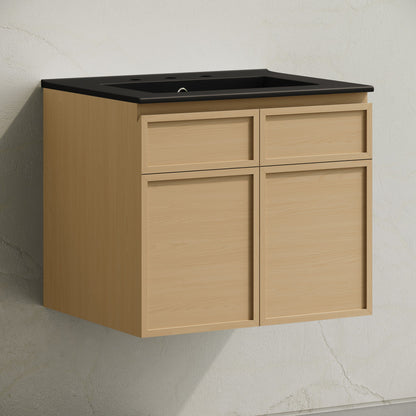 St. Tropez 24" Wall-Mounted Bathroom Vanity in Natural Oak with Black 3-Hole Centerset Sink Top