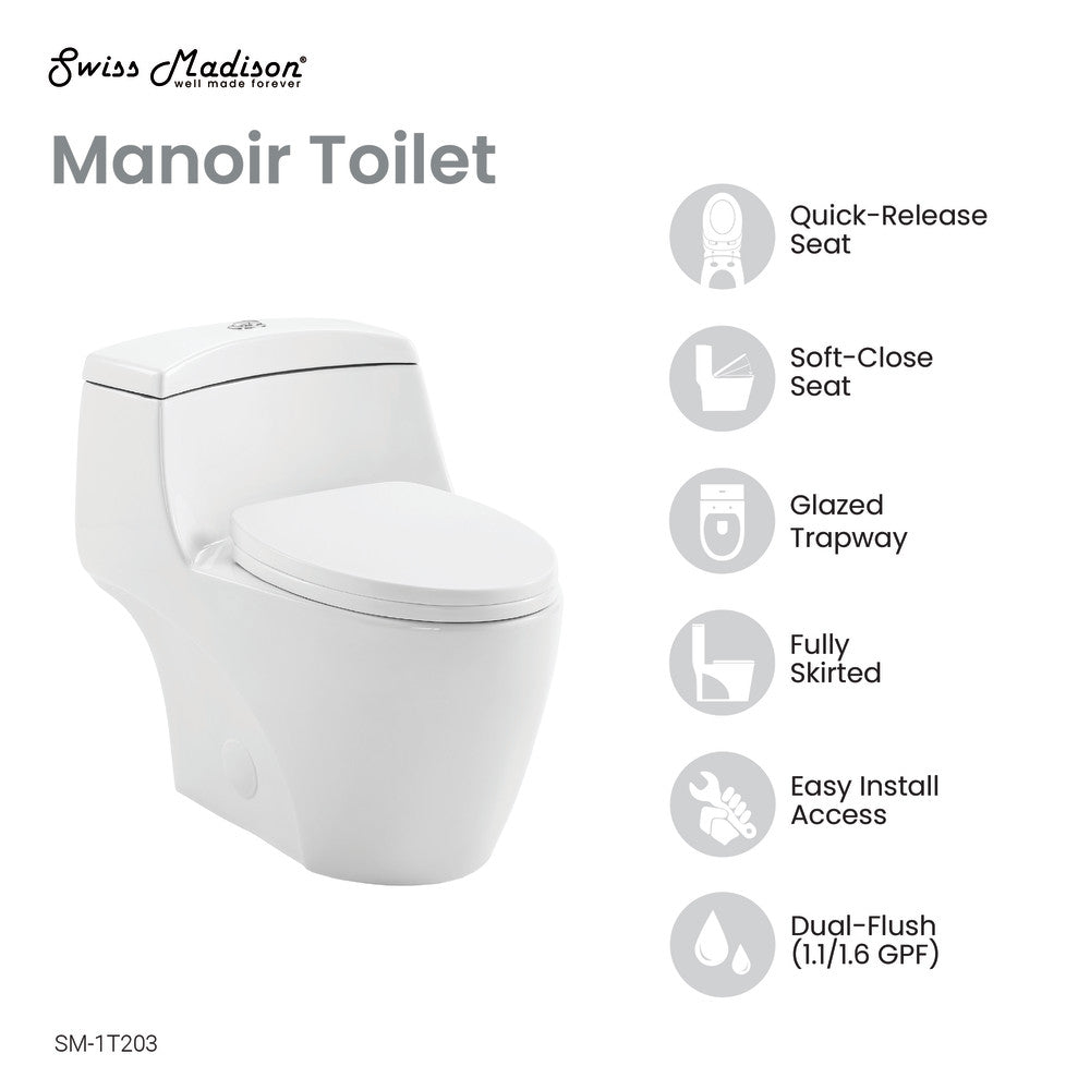 Elongated one-piece toilet with dual-flush, fully skirted trapway, quick-release and soft-close seat.
