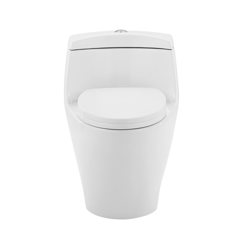 Elongated one-piece toilet with dual-flush buttons and smooth skirted trapway design, white porcelain finish.