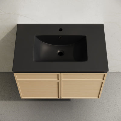 St. Tropez 30" Wall-Mounted Bathroom Vanity in Natural Oak with Black Sink Top