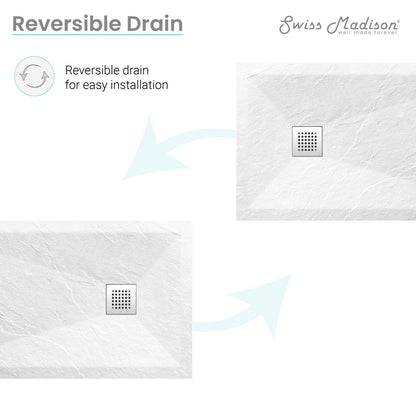 60-inch by 36-inch rectangular shower base in white, textured surface with reversible center drain.