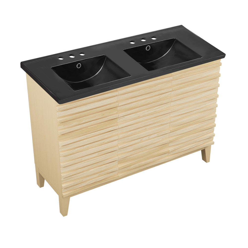 Cascade 48 in. Natural Oak, Double Basin Bathroom Vanity With Black, 3-Hole Ceramic Sink Top
