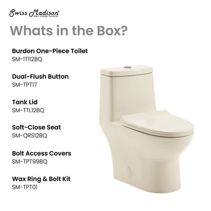 Elongated one-piece toilet in bisque, dual vortex flush, soft-close seat.