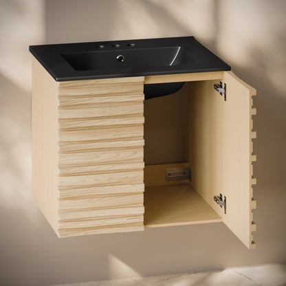 Cascade 24" Wall-Mounted Bathroom Vanity in Natural Oak with Black 3-Hole Centerset Sink Top