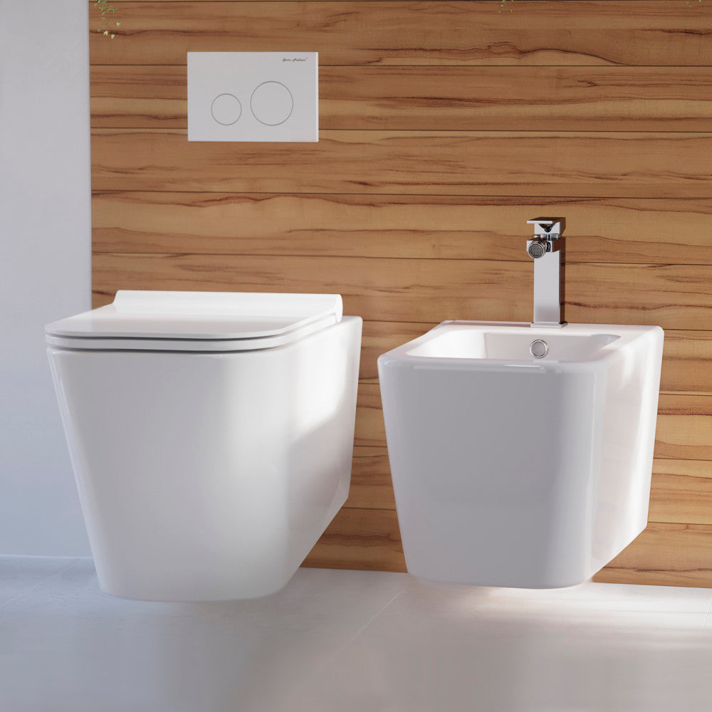 Elongated wall-hung toilet bowl in white with soft-close seat and chrome flush plate.