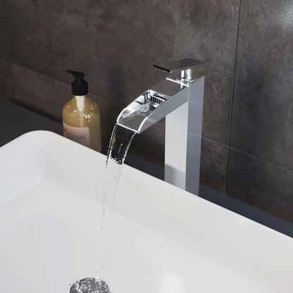 Single-handle high arc waterfall bathroom faucet in chrome, modern sleek design.