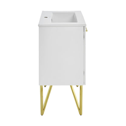 24-inch freestanding white bathroom vanity with integrated sink top and gold metal legs.
