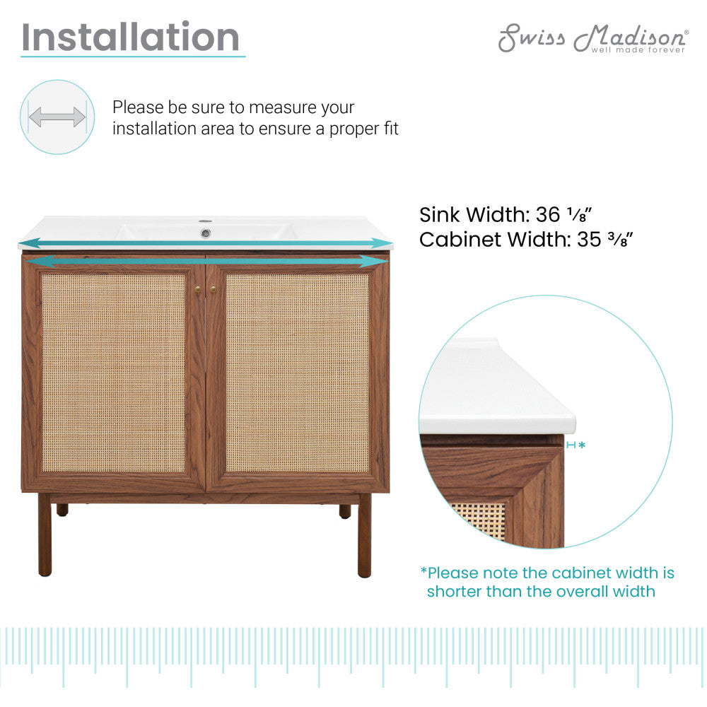 36-inch freestanding bathroom vanity in brown oak with single sink and glass top.