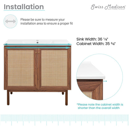 36-inch freestanding bathroom vanity in brown oak with single sink and glass top.