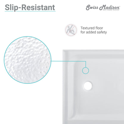 60" x 32" white acrylic shower base with single threshold and right-hand center drain, textured slip-resistant floor.