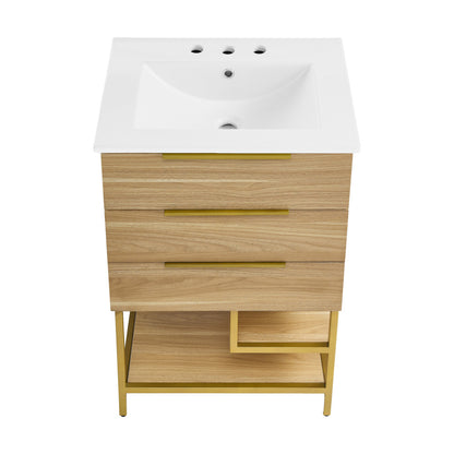 Carre 24 in. Golden Oak Bathroom Vanity with White, 3-Hole Ceramic Sink Top