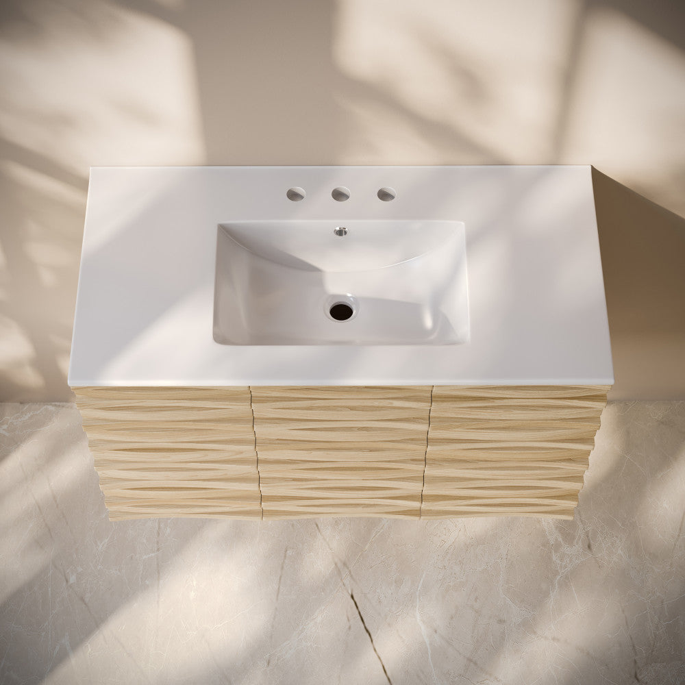 Cascade 36" Wall-Mounted Bathroom Vanity in Natural Oak with 3-Hole Widespread Sink Top