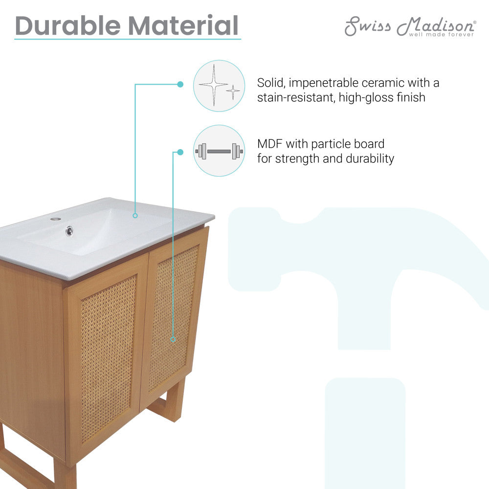 30-inch freestanding bathroom vanity in natural oak with single sink and soft-close doors.