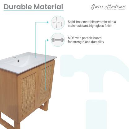 30-inch freestanding bathroom vanity in natural oak with single sink and soft-close doors.