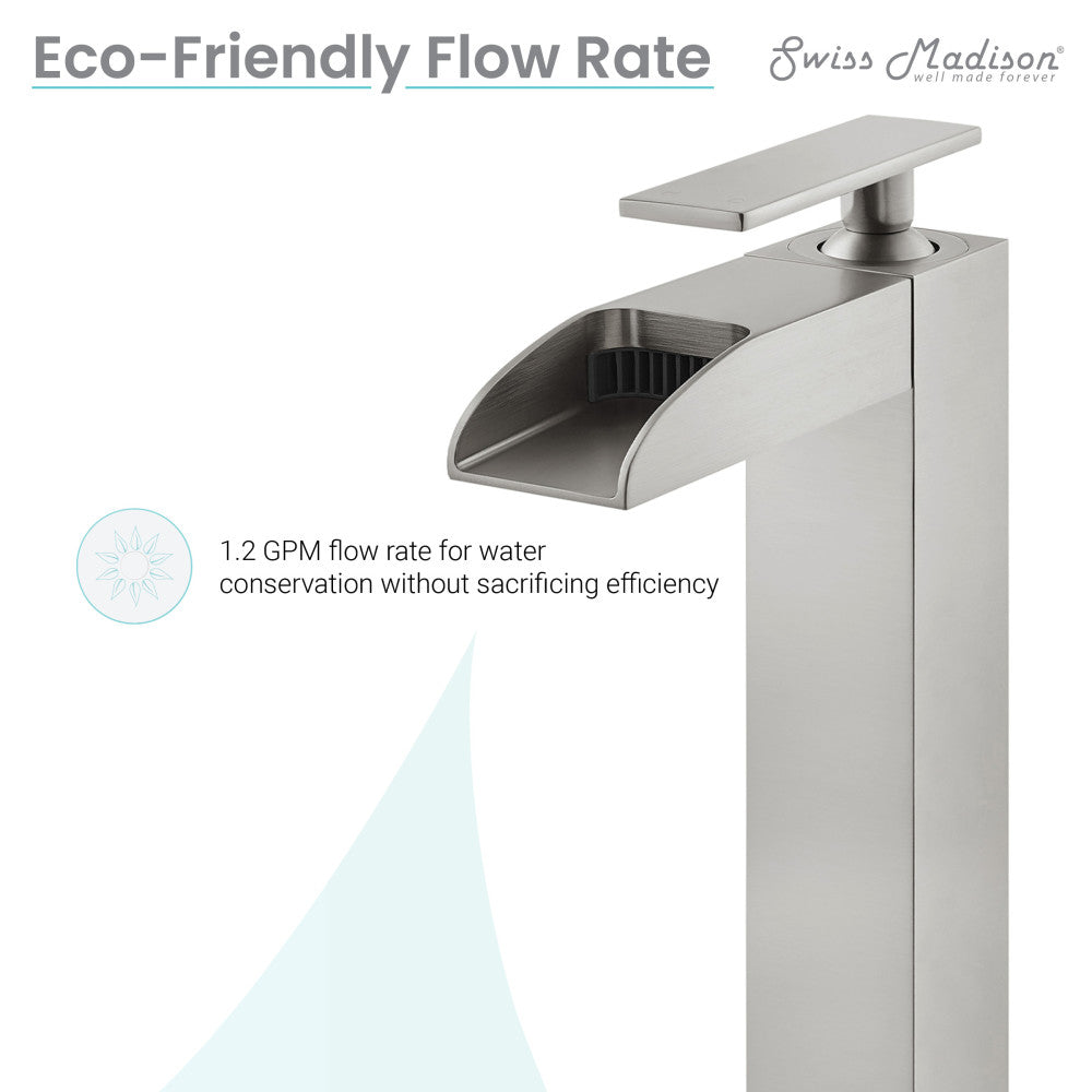 Single-handle bathroom faucet in brushed nickel with high arc waterfall spout and sleek modern design.