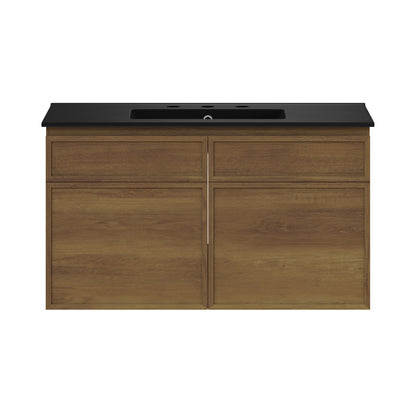 St. Tropez 36" Wall-Mounted Bathroom Vanity in Brown Oak with Black 3-Hole Widespread Sink Top