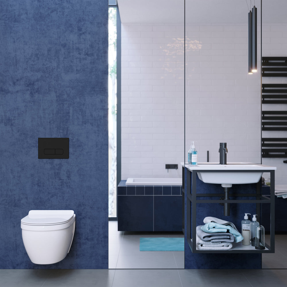 Elongated wall-hung toilet bowl with black hardware, sleek modern design, mounted against deep blue wall.
