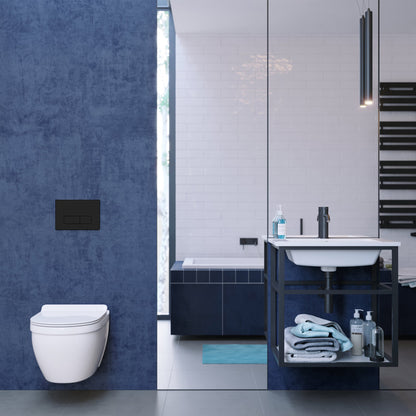 Elongated wall-hung toilet bowl with black hardware, sleek modern design, mounted against deep blue wall.